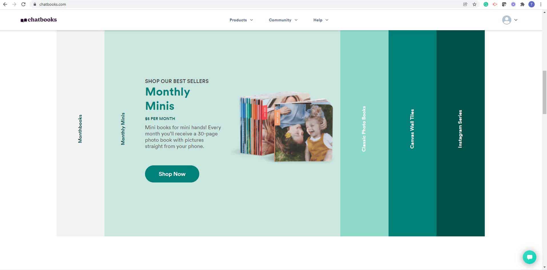 Chatbooks Website showing Monthly Subscribtion Service